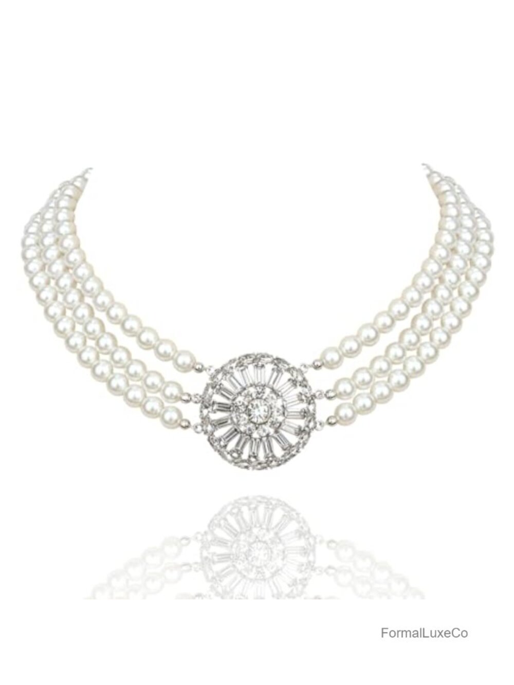 1920s Gatsby Pearl Choker Necklace Multi Strand Rhinestone Brooch Baroque